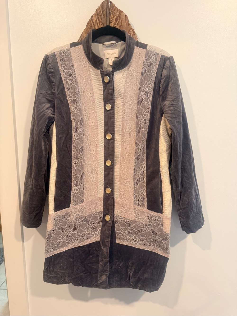 Chico's Velvet Lace-Panel Long Blazer - Gray & White/Cream Chico’s Size 1 ~8-10